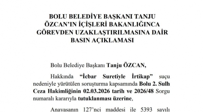 Bolu Belediyesi’ne Operasyon: Başkan Özcan İçin Tutuklama Kararı